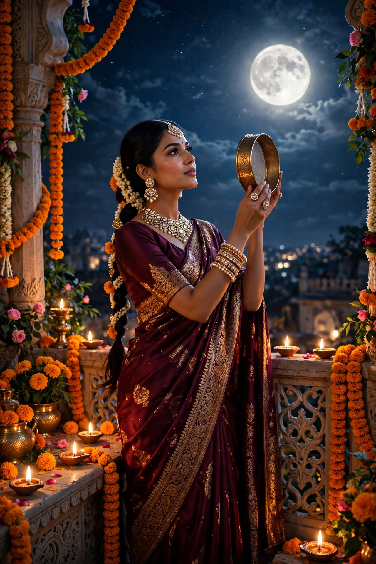 Karva Chauth Wine-Colored Saree Portrait