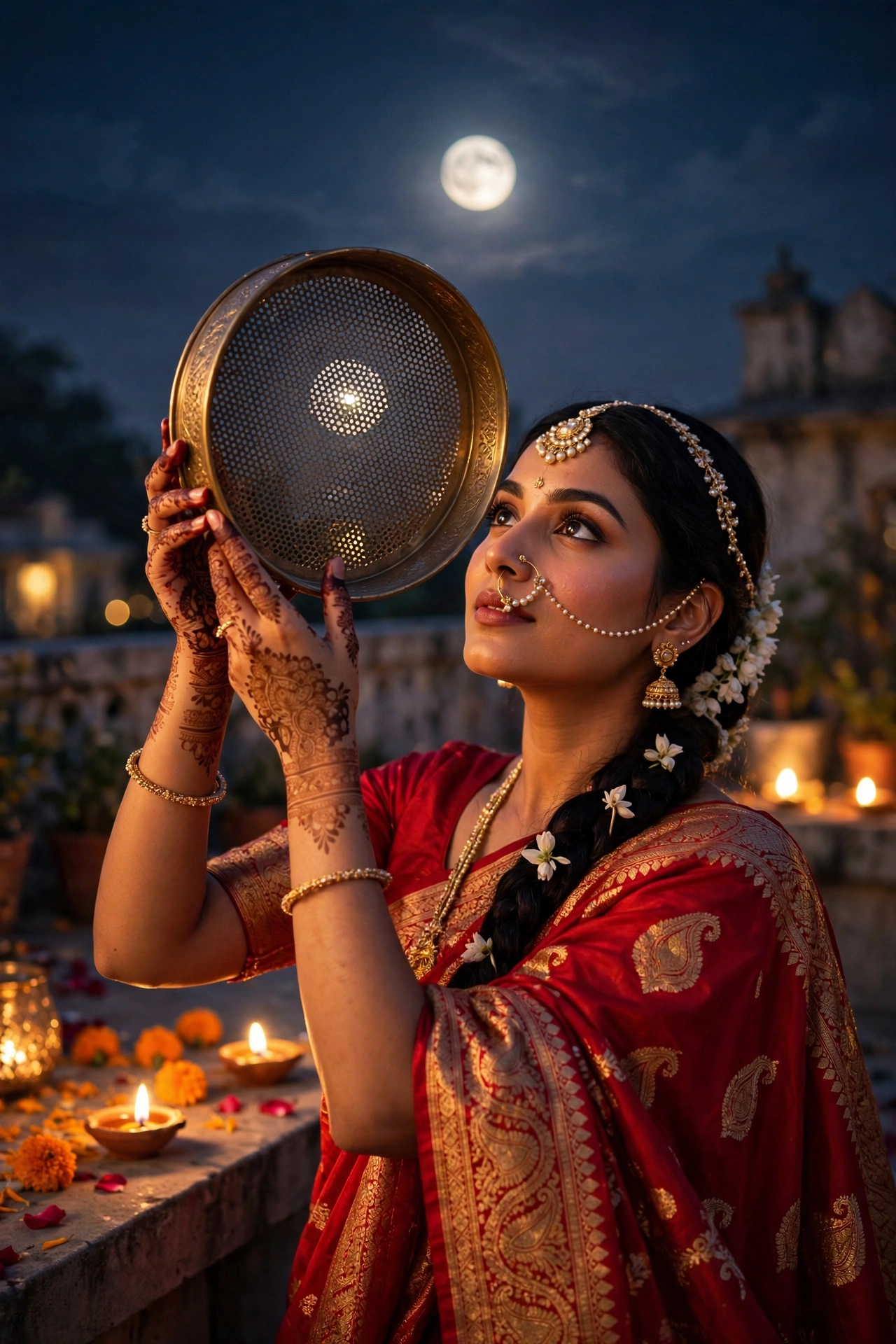 Karva Chauth Scarlet Banarasi Saree Portrait
