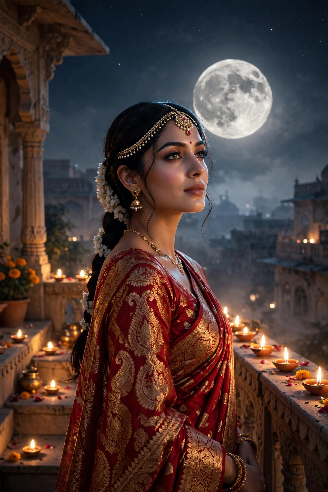 Karva Chauth Scarlet Banarasi Saree Portrait