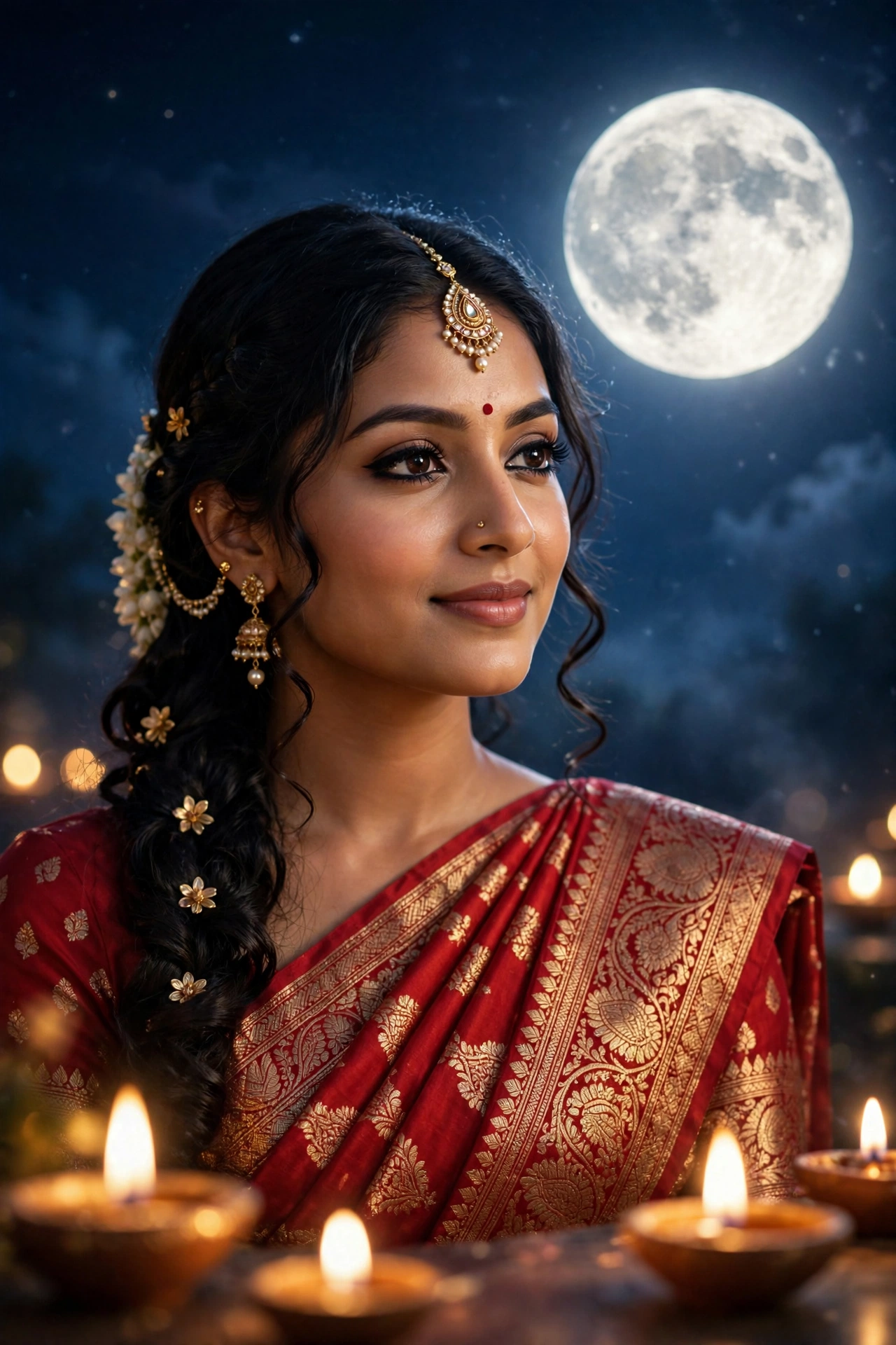 Karva Chauth Scarlet Banarasi Saree Portrait