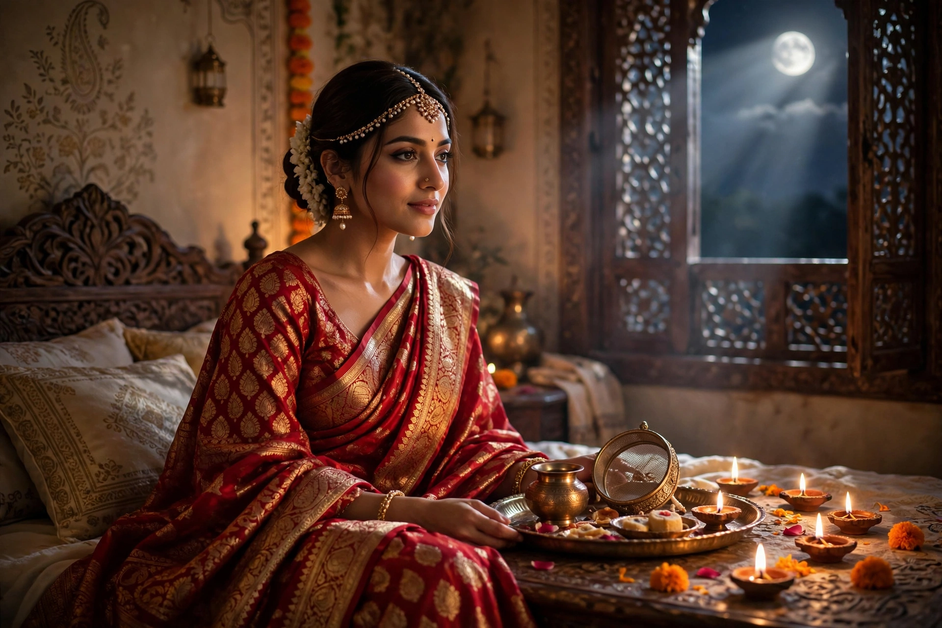 Karva Chauth Scarlet Banarasi Saree Portrait