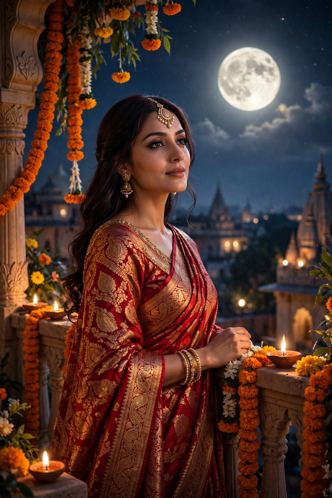 Karva Chauth Scarlet Banarasi Saree Portrait