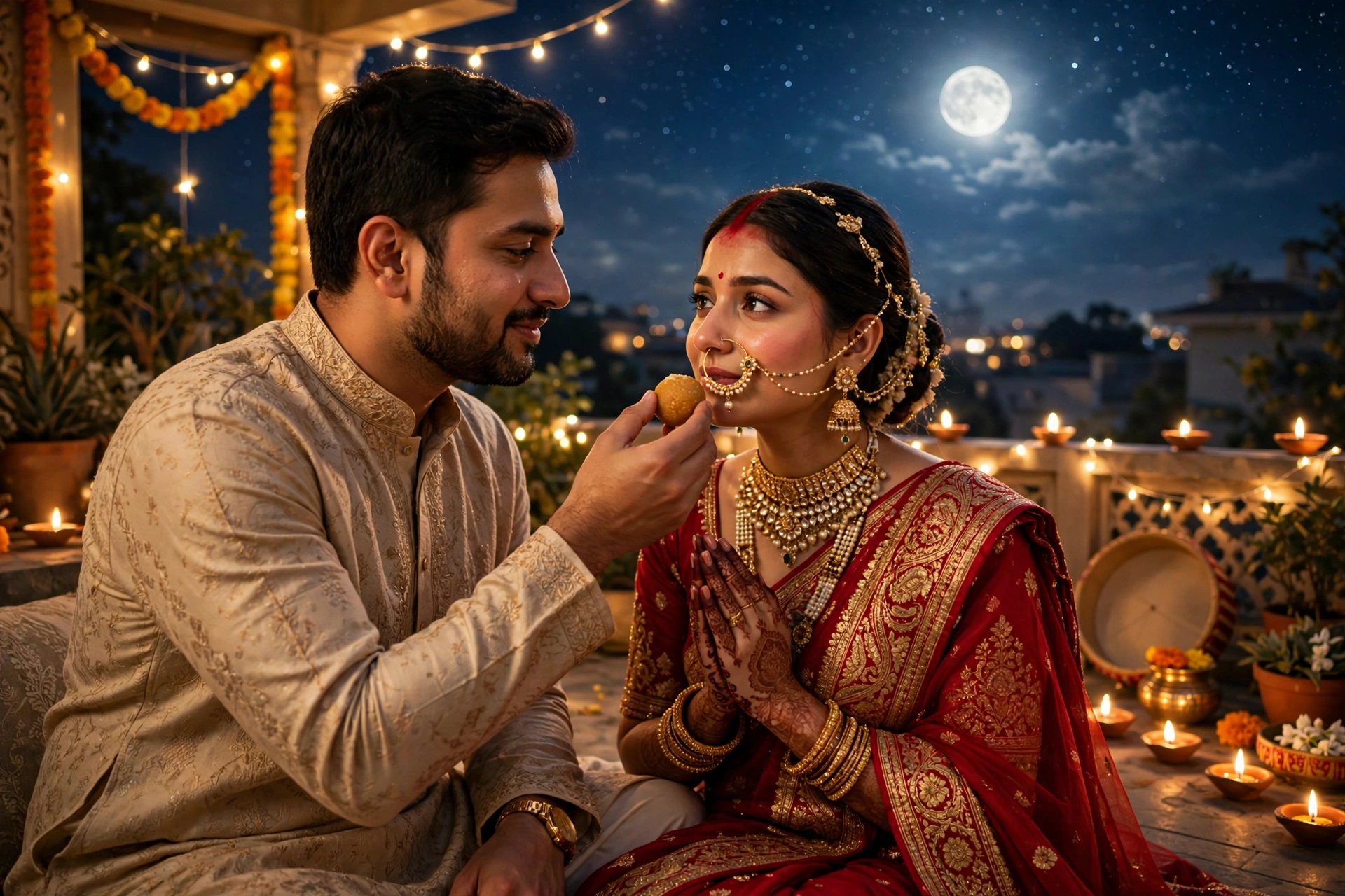 Karva Chauth Couple Couple Feeding Sweets 1