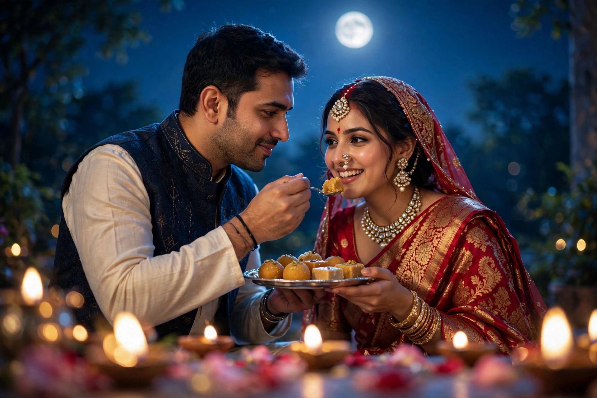 Karva Chauth Couple Couple Feeding Sweets 2