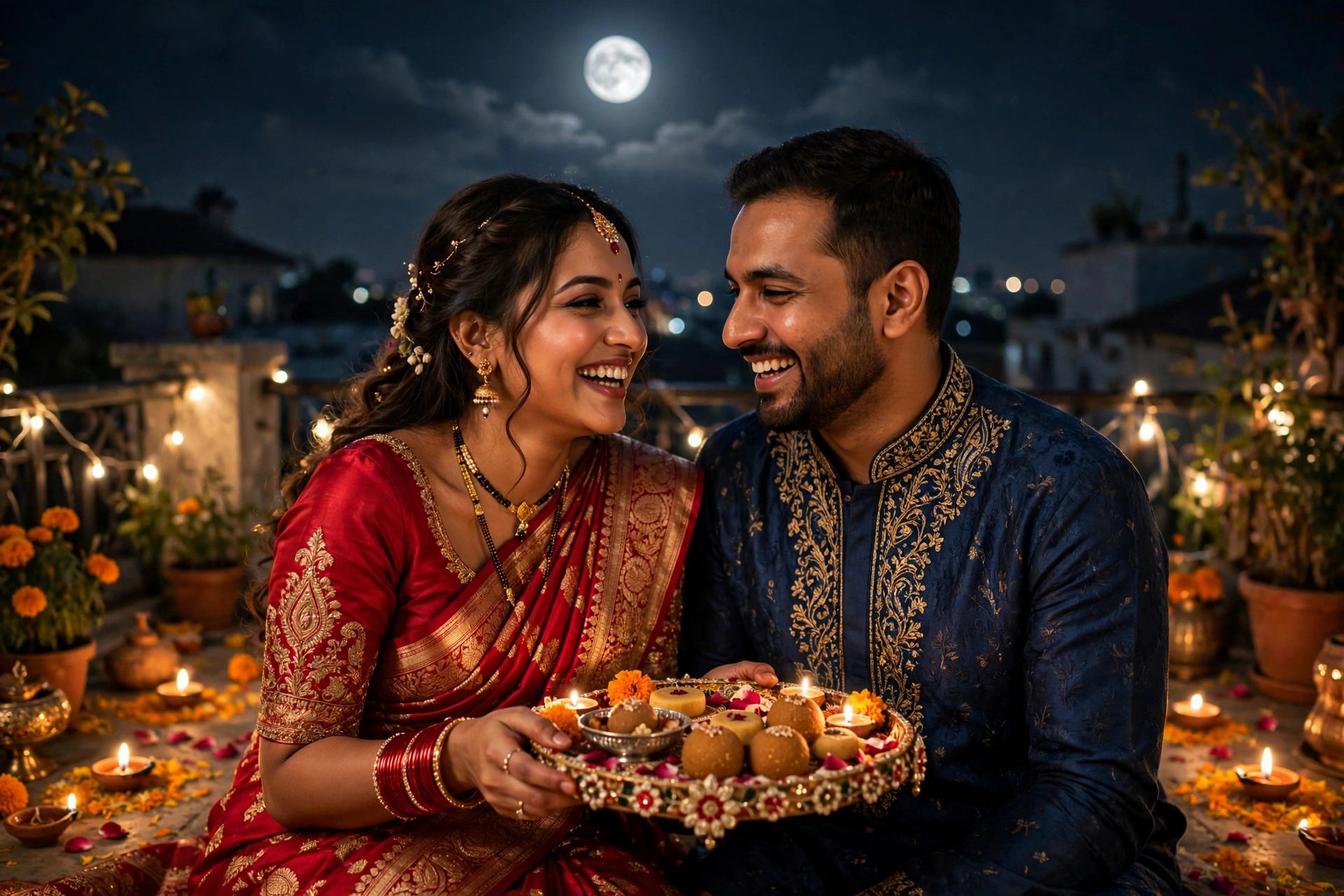 Karva Chauth Couple Couple Feeding Sweets 5