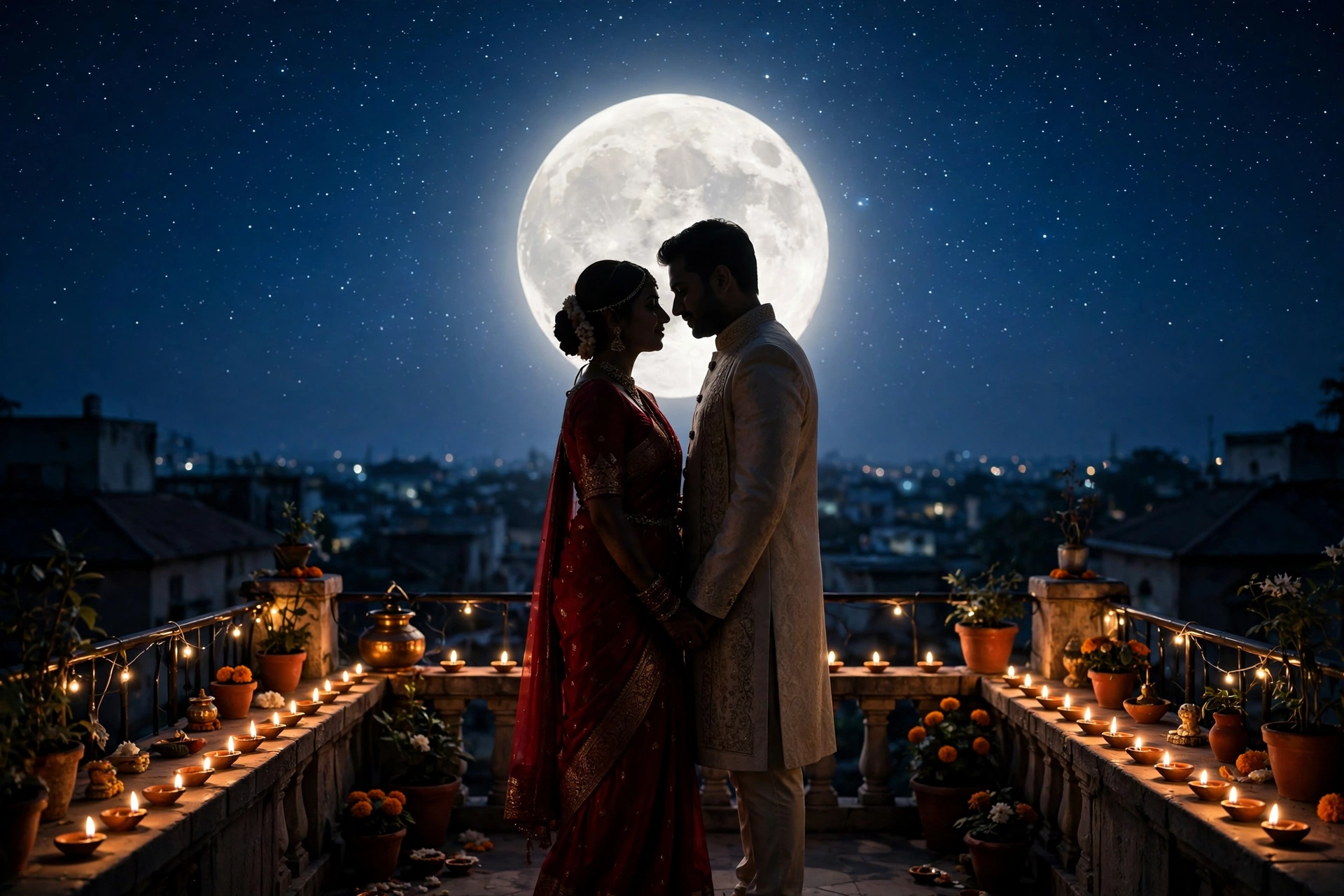 Karva Chauth Couple Couple Terrace Moon 1