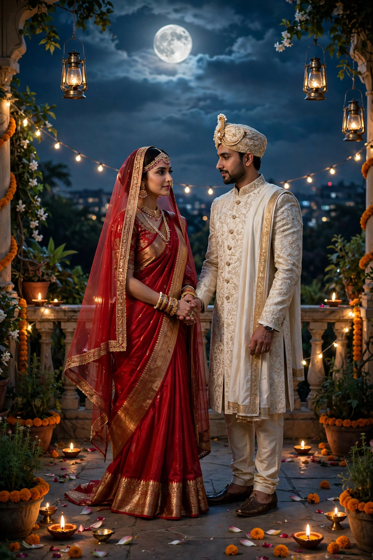 Karva Chauth Couple Couple Terrace Moon 3