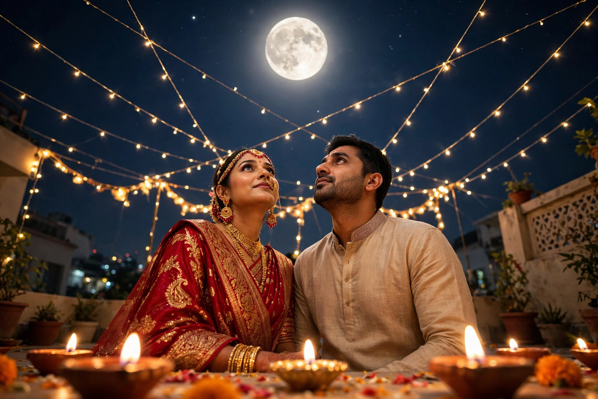 Karva Chauth Couple Couple Terrace Moon 4