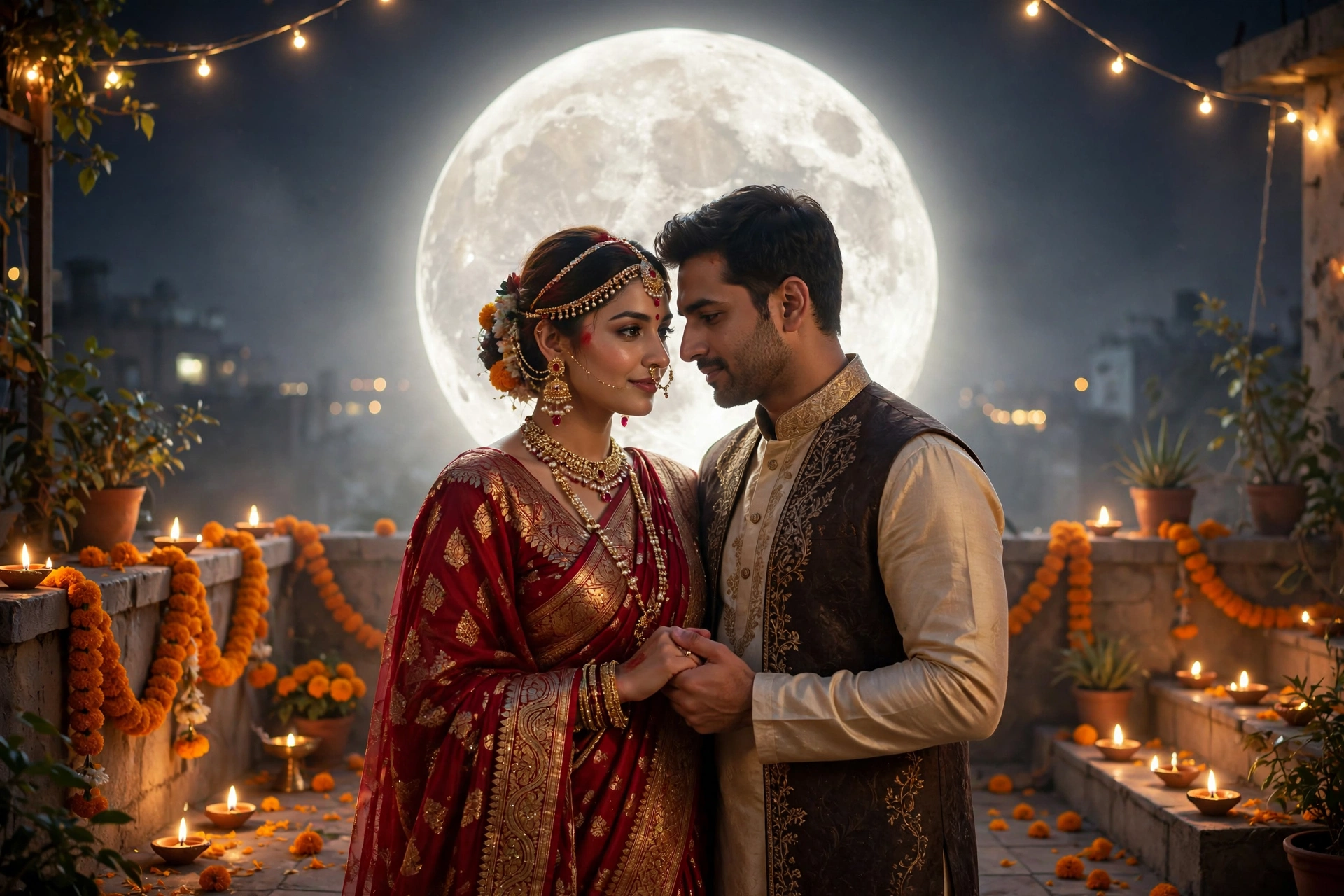 Karva Chauth Couple Couple Terrace Moon 5