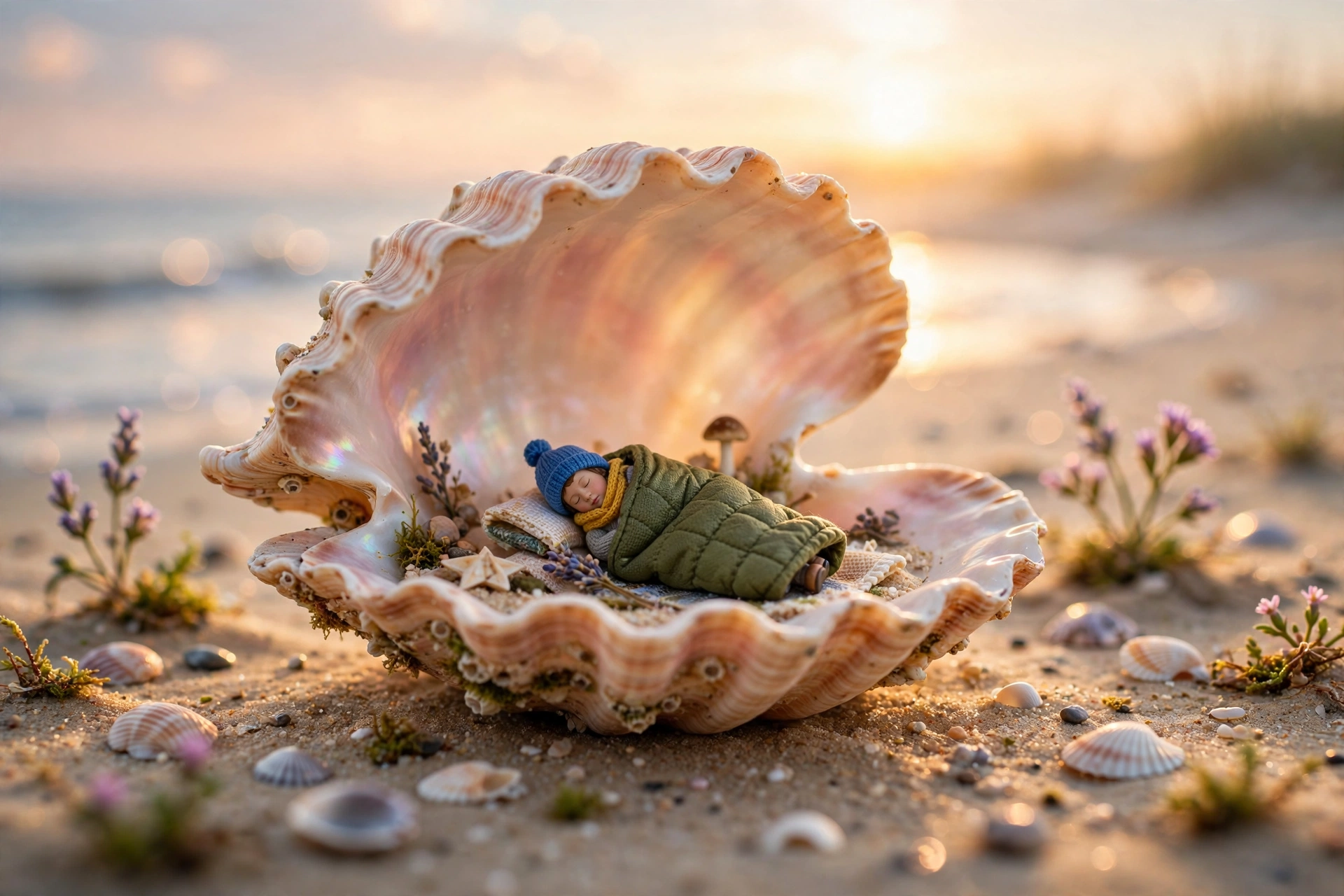 Tiny Person in a Seashell Bed