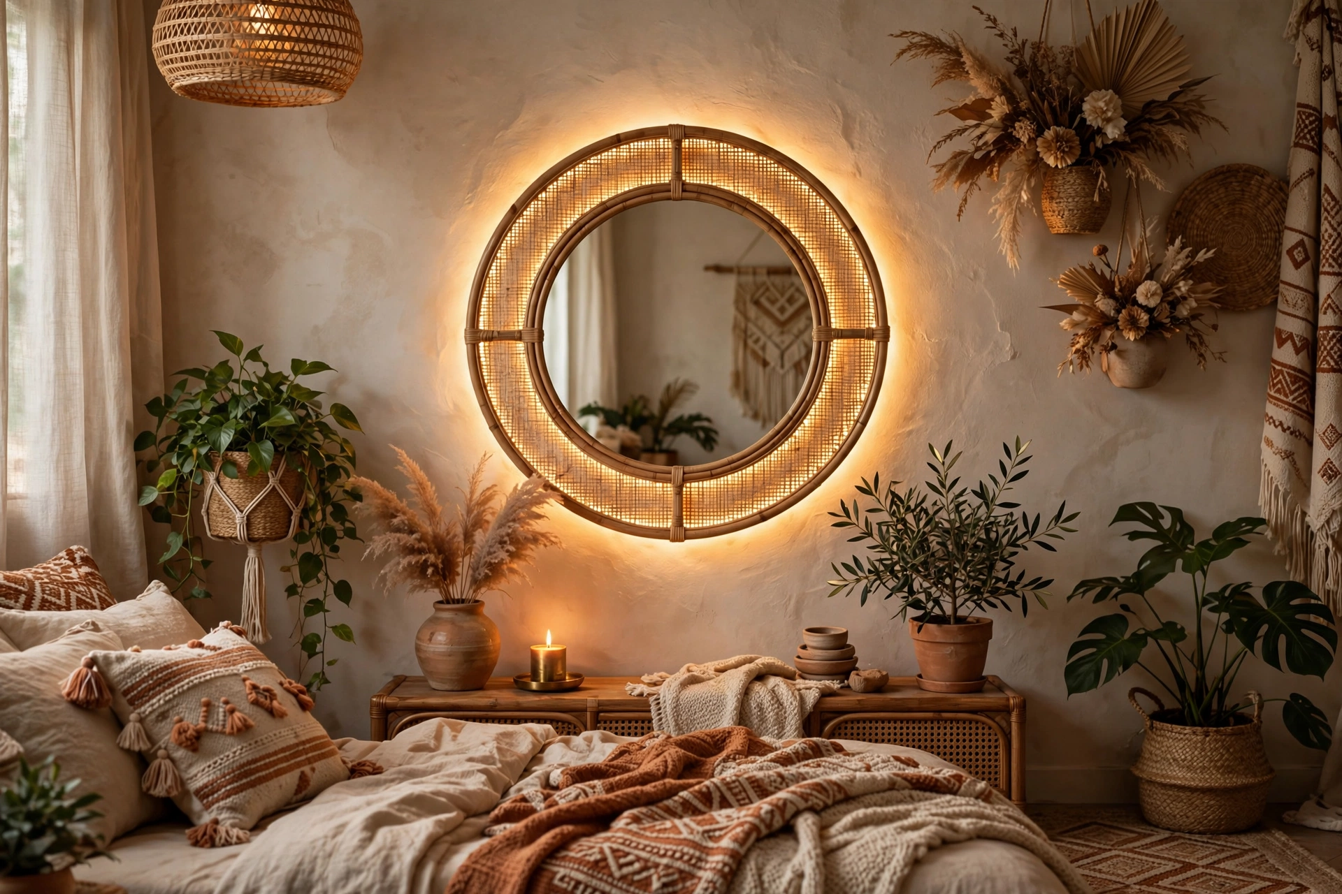 Rattan Boho LED Mirror