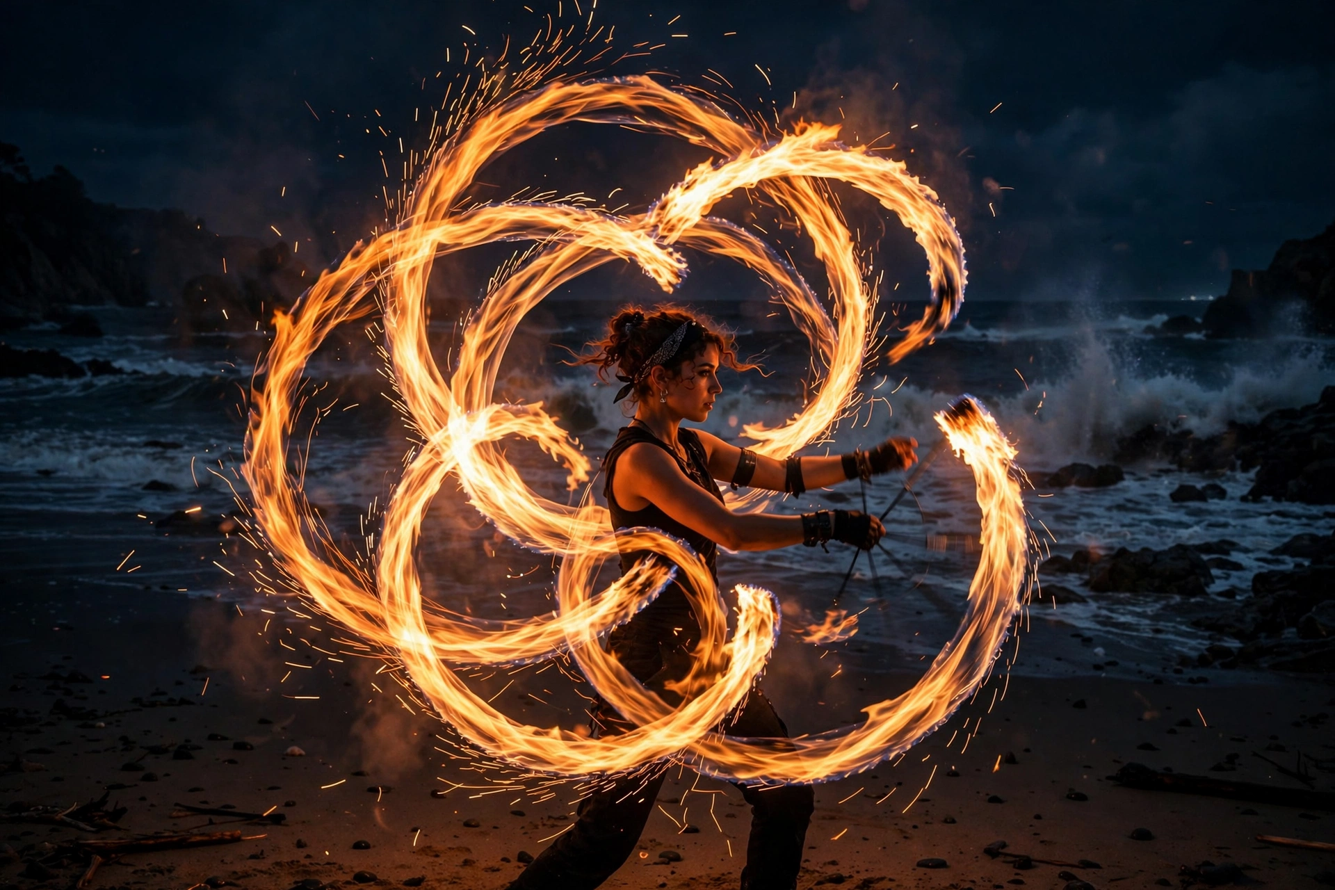 AI Video Fire Dancer Beach