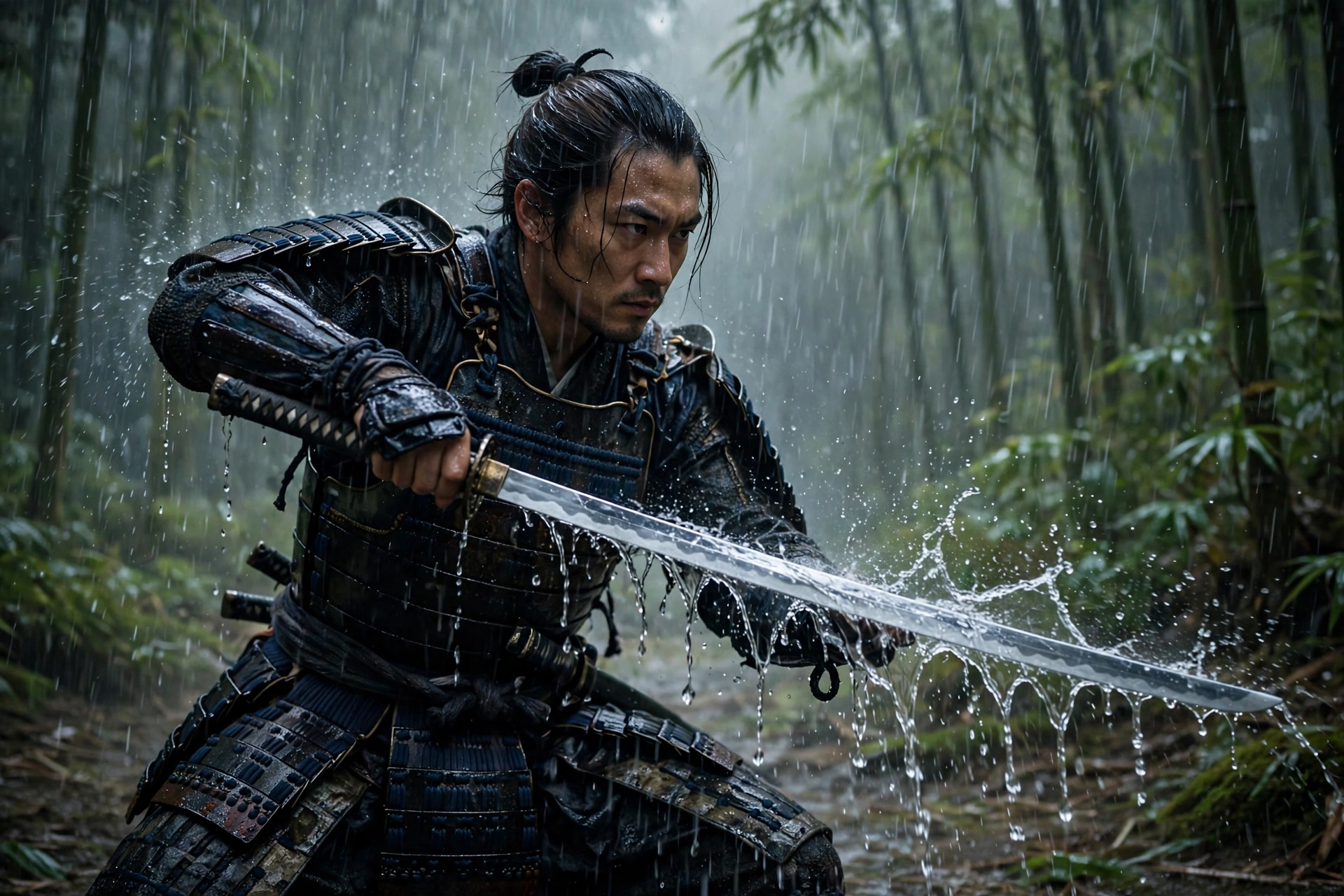 AI Video Samurai Training Rain
