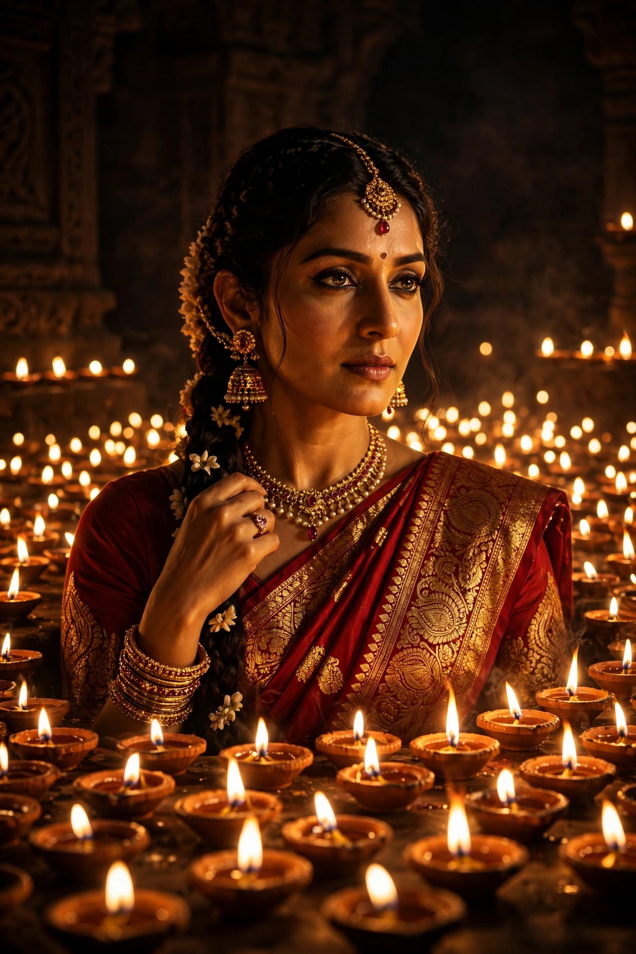Candlelight Red Saree Portrait