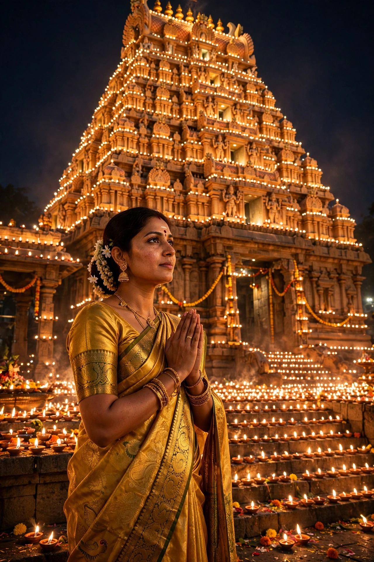 Golden Saree Temple Diyas