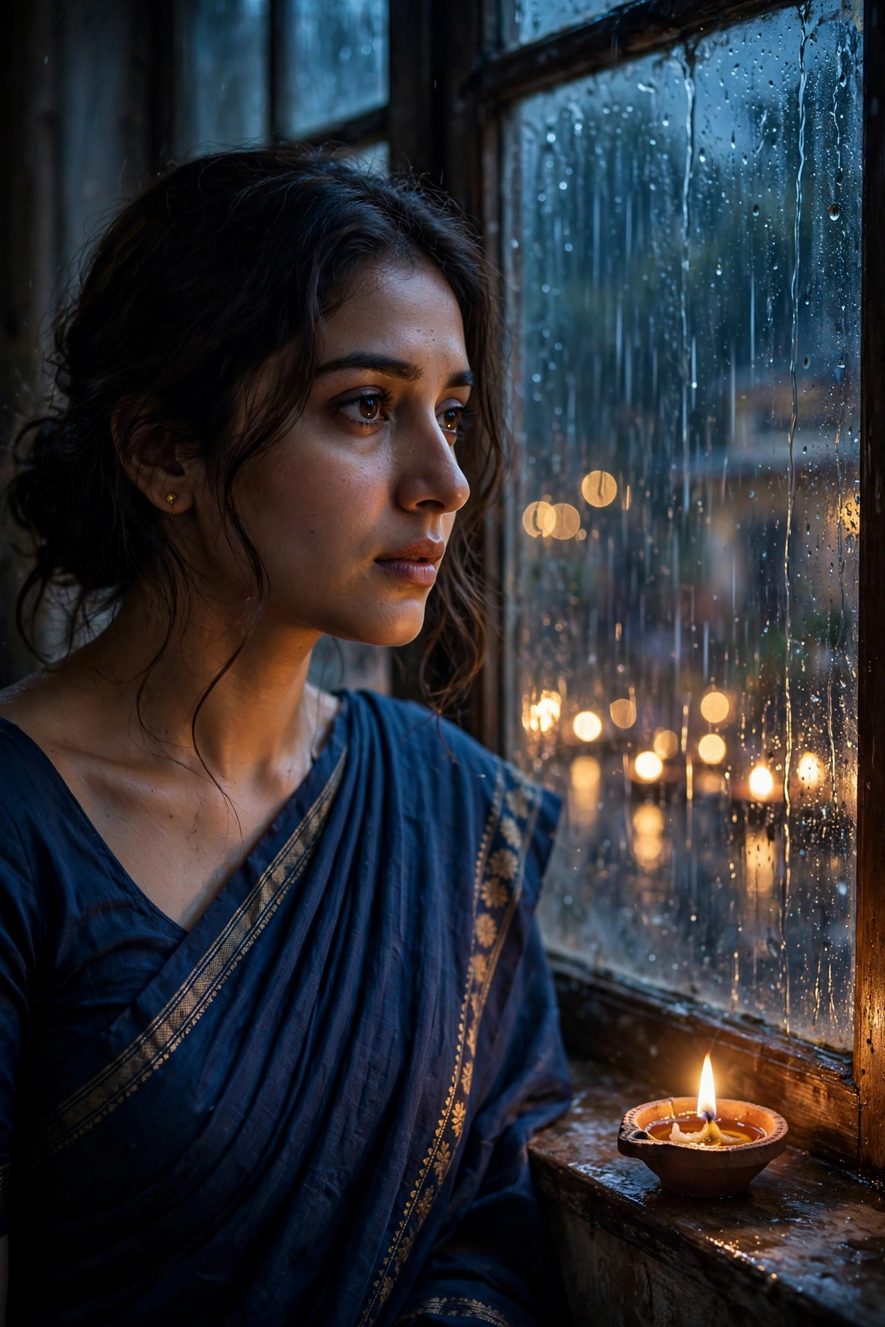 Candlelight Saree Rain Window