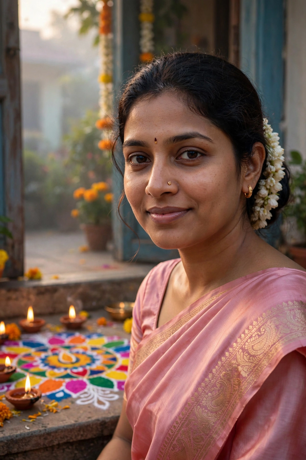 Pink Saree Diwali Morning