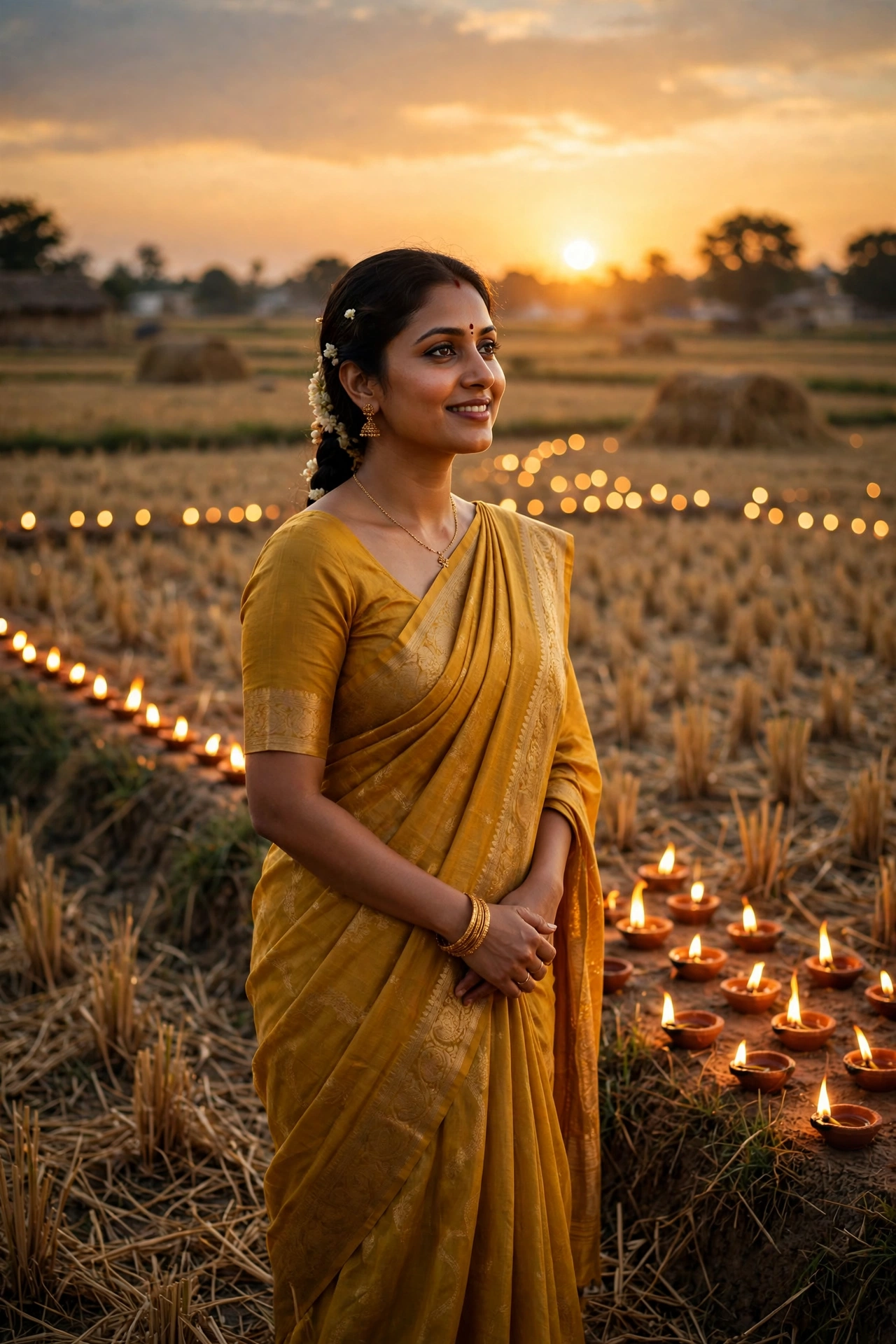 Mustard Saree Harvest Diyas