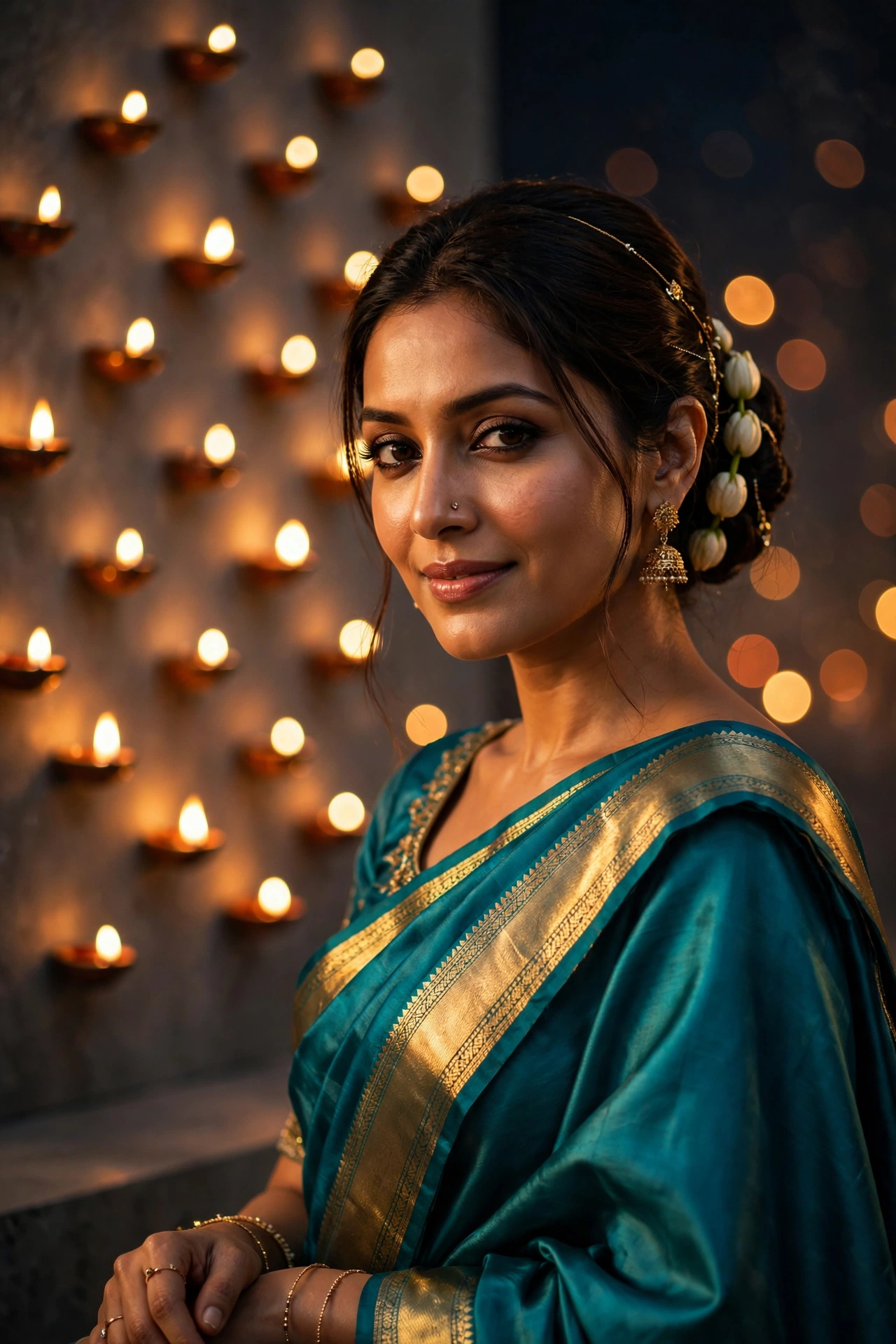 Teal Saree Diwali Lights