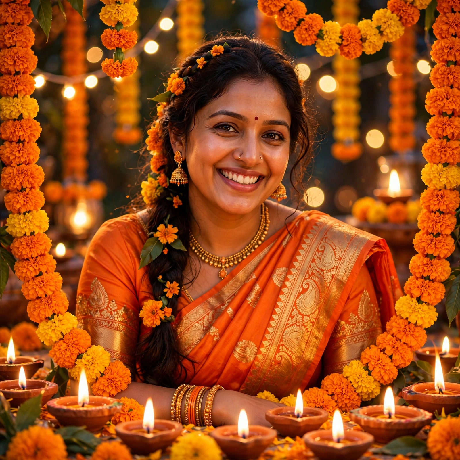 Orange Saree Marigold Diyas