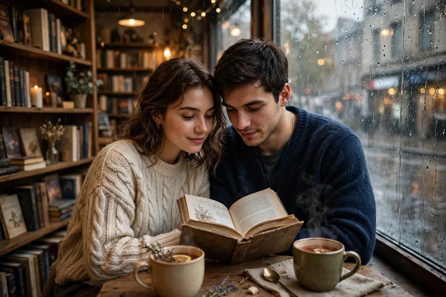 Rainy Bookstore Window Couple