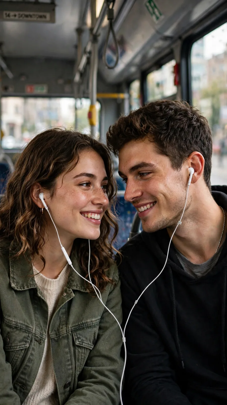 Couple Story Shared Earphones on a Bus