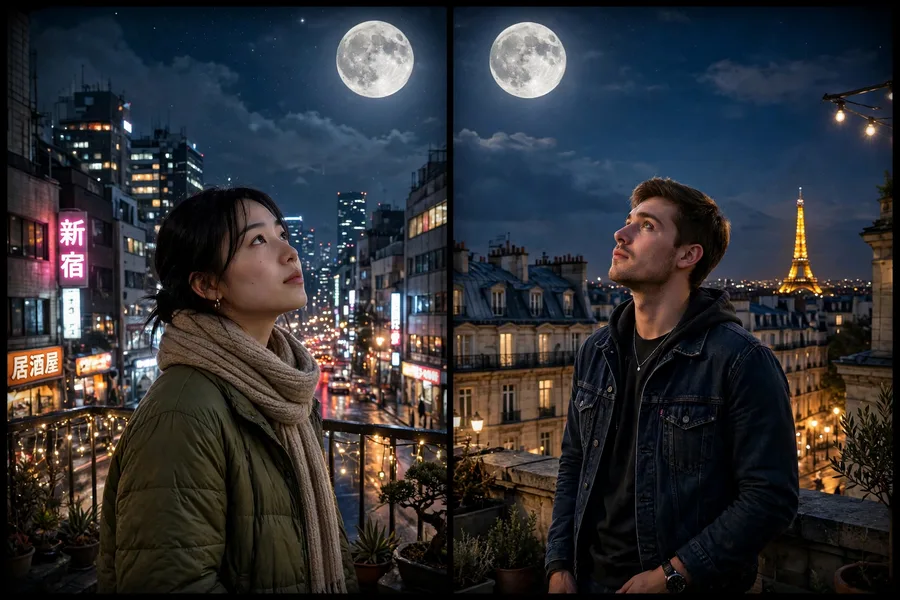 Long Distance Couple Same Moon