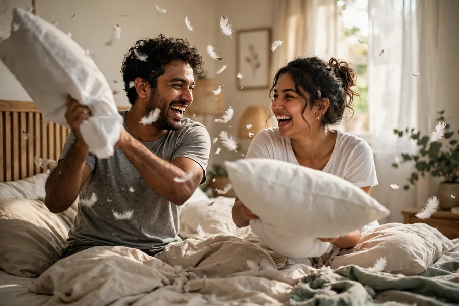 Pillow Fight in Bed Couple