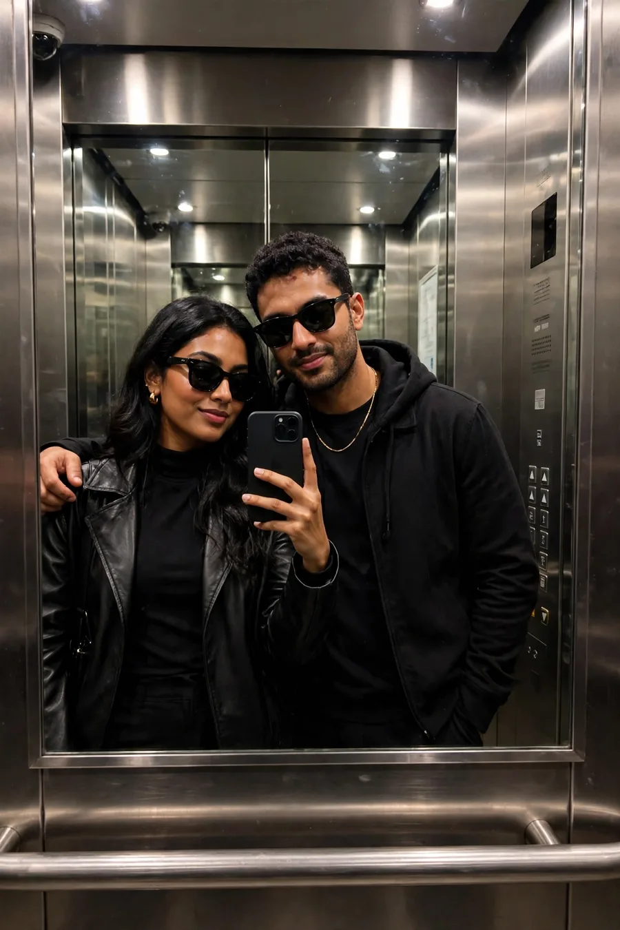 Bold Couple Elevator Mirror Selfie
