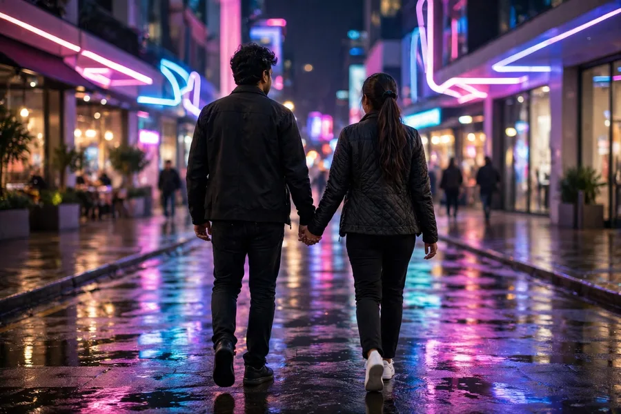 Bold Couple Neon Street Walk