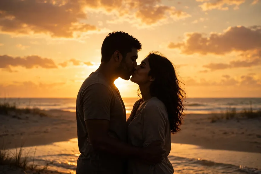 Beach Sunset Kiss Couple