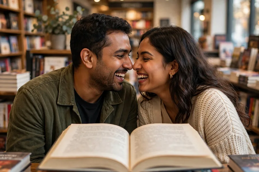 Bookstore Almost Kiss Couple