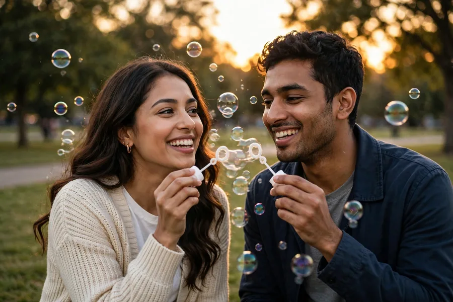 Cute Couple Soap Bubbles Sunset