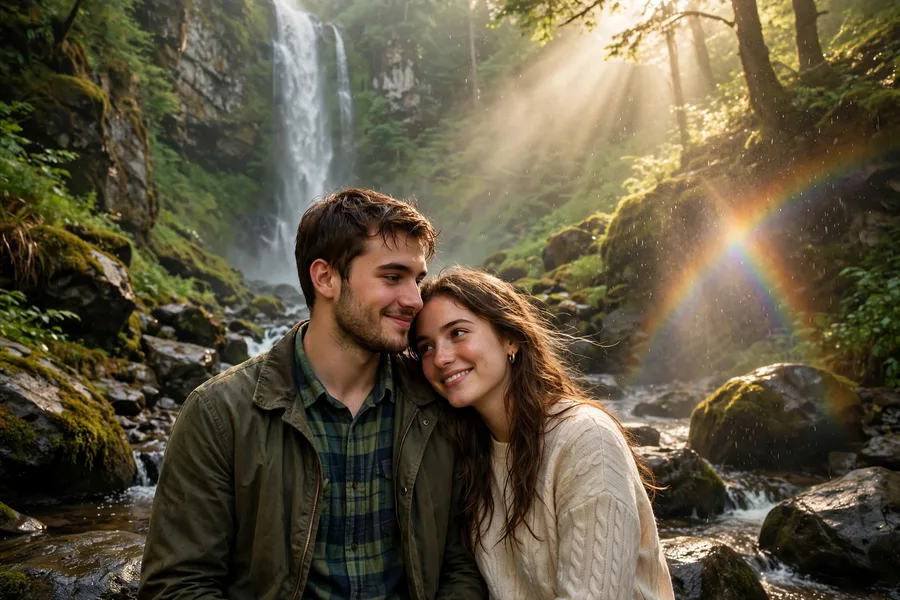 Romantic Couple under a Waterfall