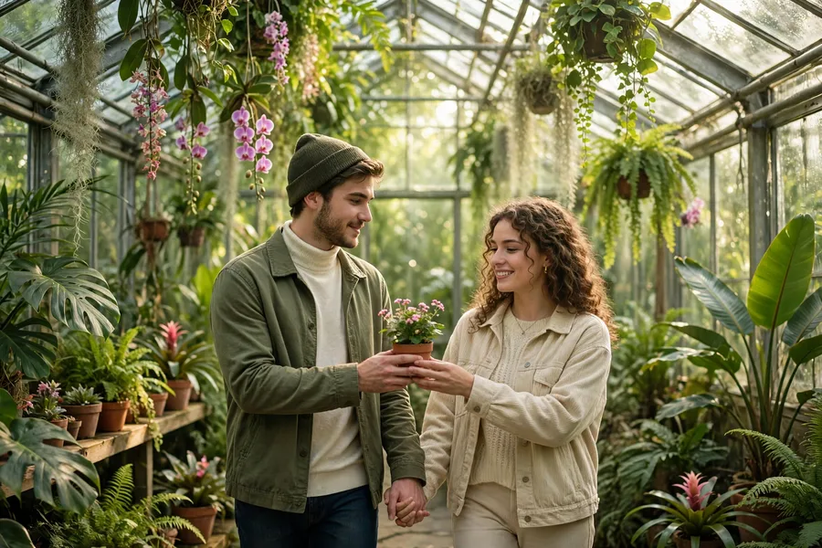 Romantic Couple in a Glass Greenhouse
