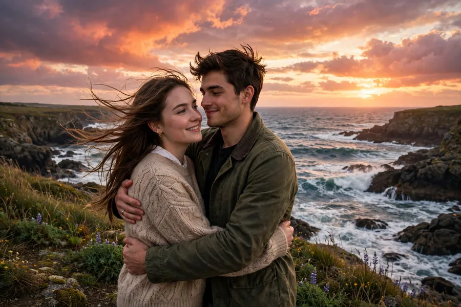 Romantic Couple on a Cliffside at Sunset