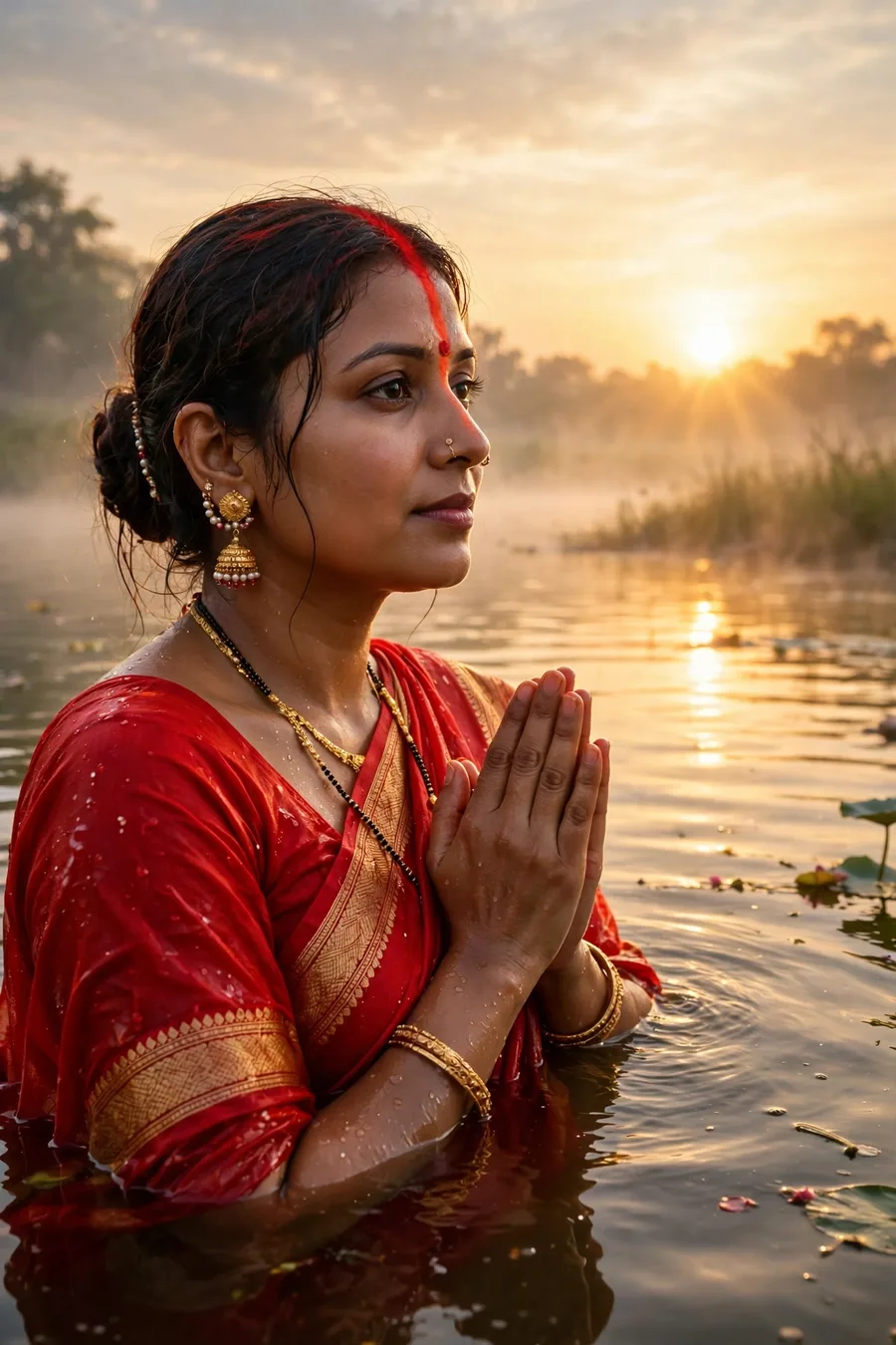 Chhath Puja Red Saree Devotee