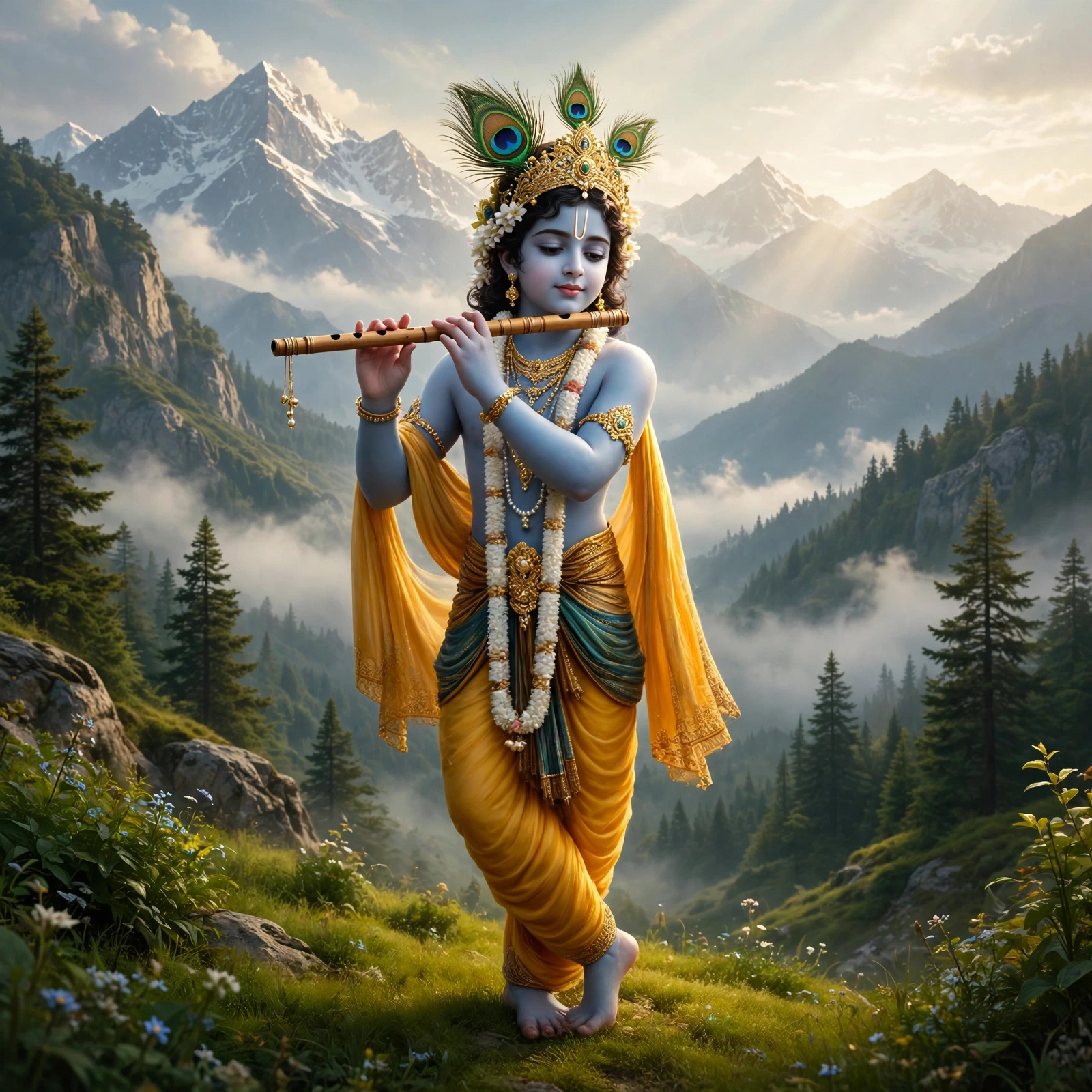 3D Krishna Flute Mountain Scene