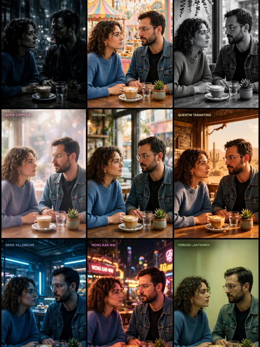 Director Variation Grid: One Still, Eight Auteur Re-Shoots — ChatGPT Prompt
