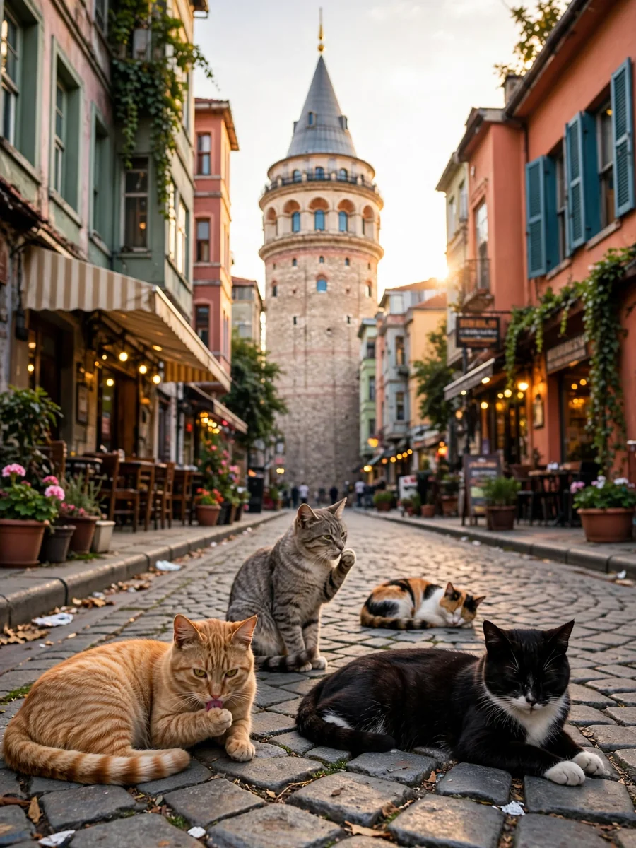 Turkish Cats hanging out nearby of Galata Tower — ChatGPT Prompt