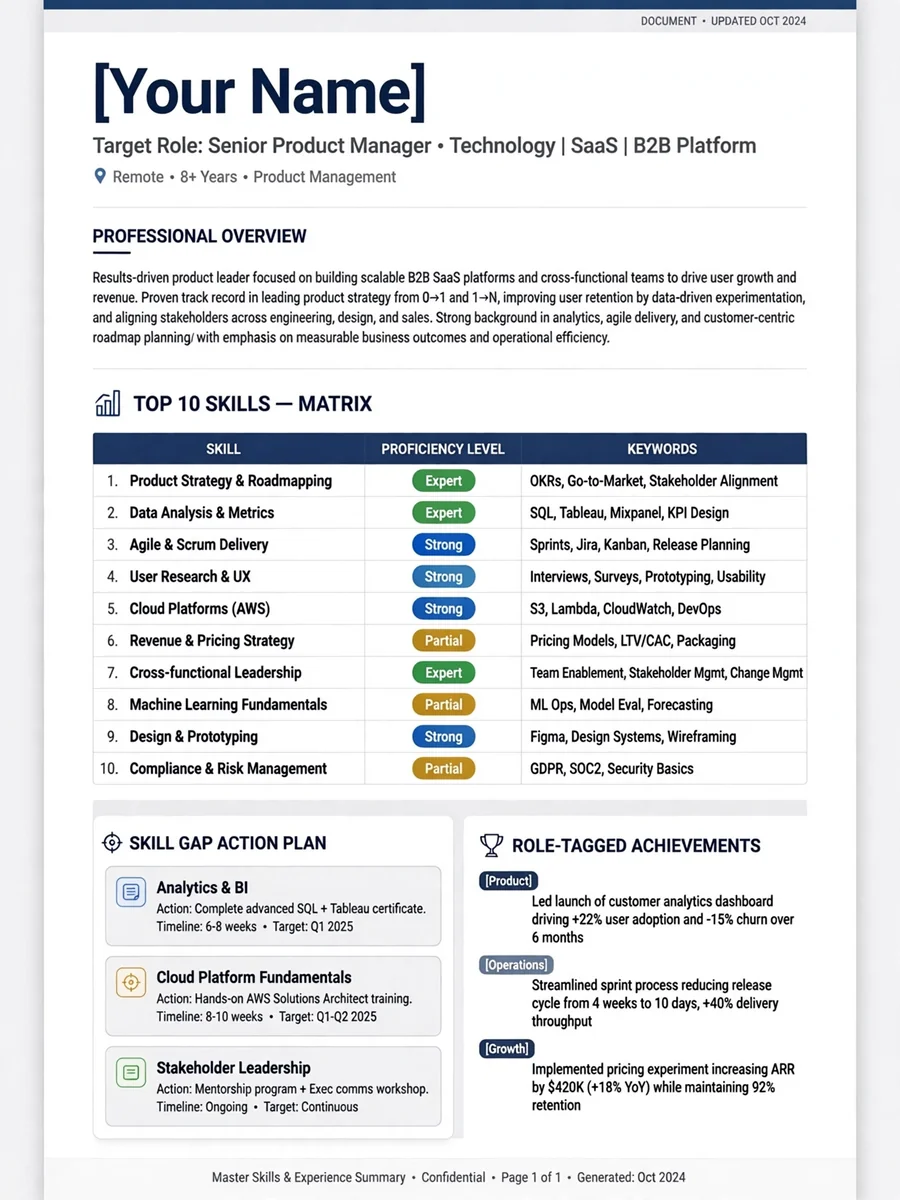 Act as a Master Skills & Experience Summary Generator — ChatGPT Prompt