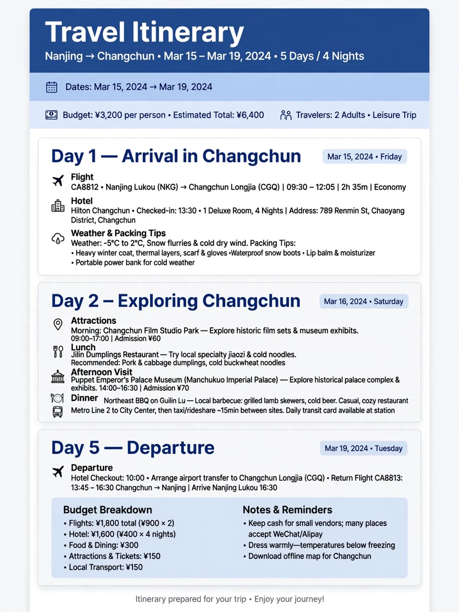 Create a detailed travel itinerary in HTML format — ChatGPT Prompt