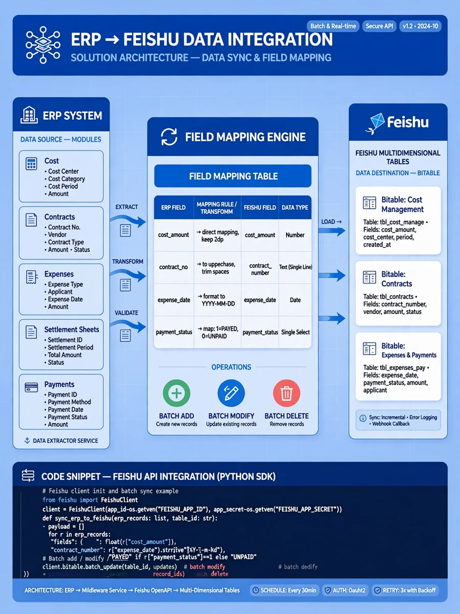Act as an ERP to Feishu Data Integration Solution — ChatGPT Prompt
