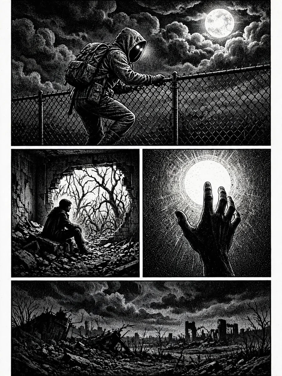 Act as an A three-panel monochromatic image — ChatGPT Prompt