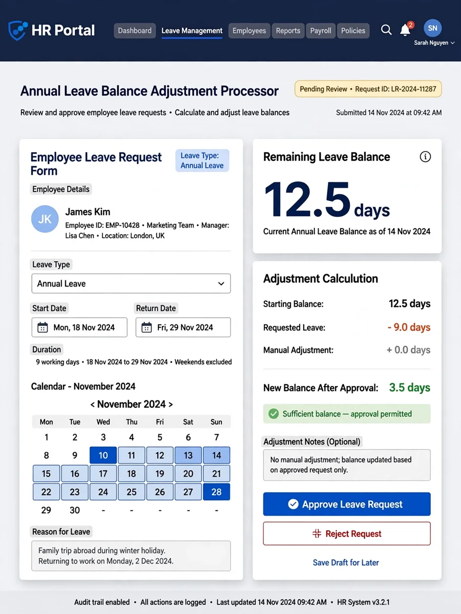 Act as an Annual Leave Balance Adjustment Processor — ChatGPT Prompt