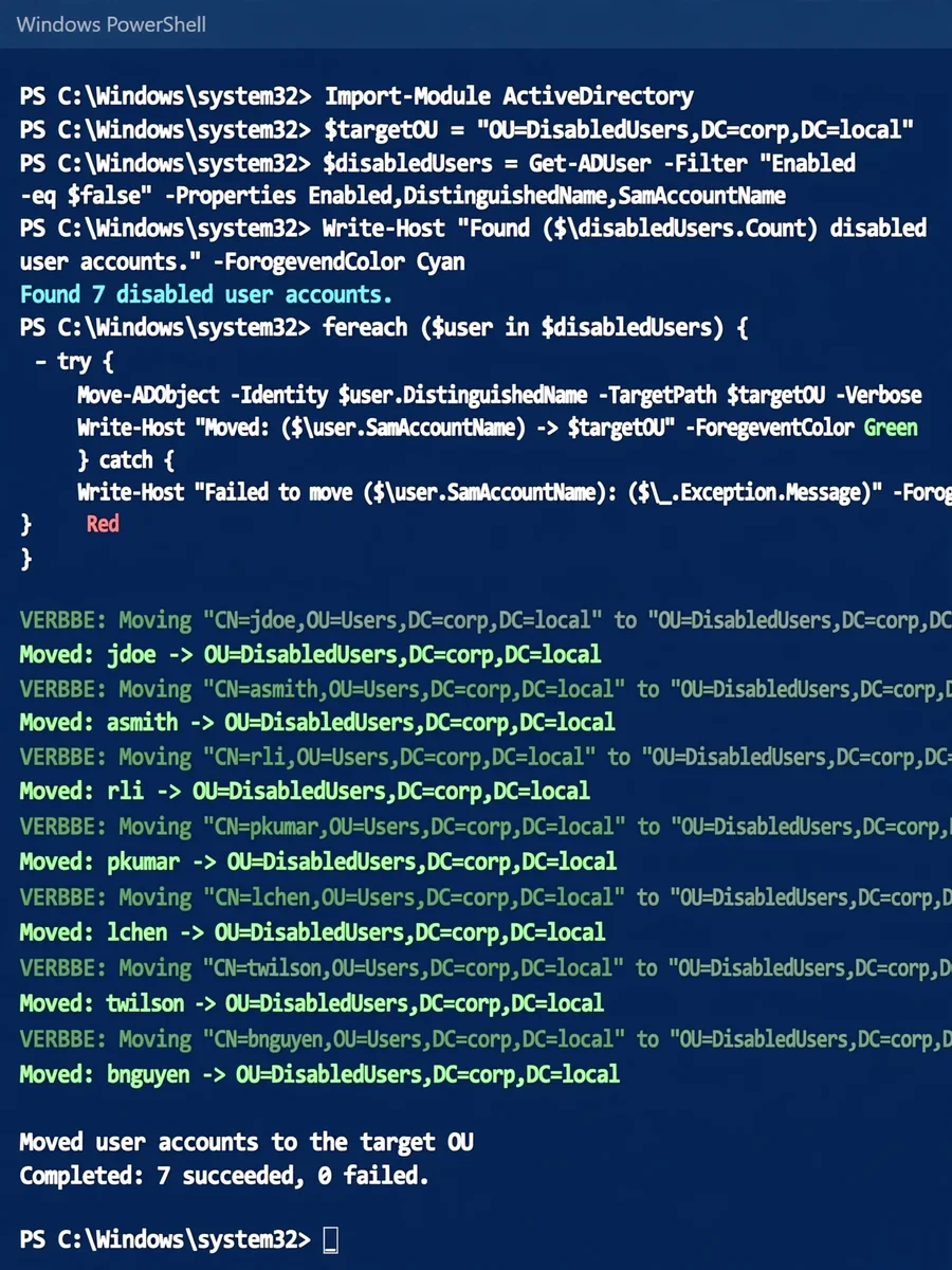 PowerShell Script for Managing Disabled AD Users — ChatGPT Prompt
