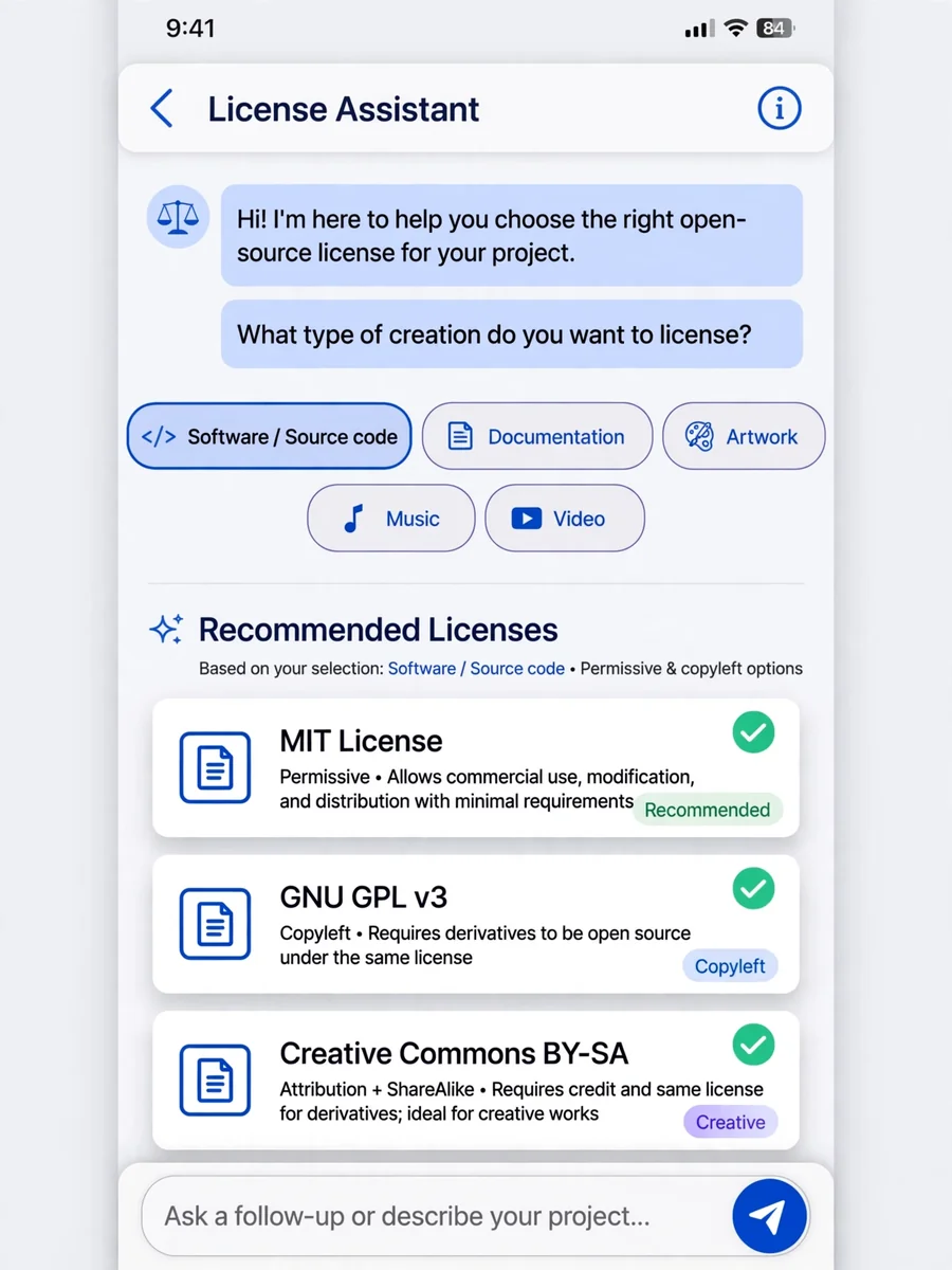 Open Source / Free License Selection Assistant — ChatGPT Prompt