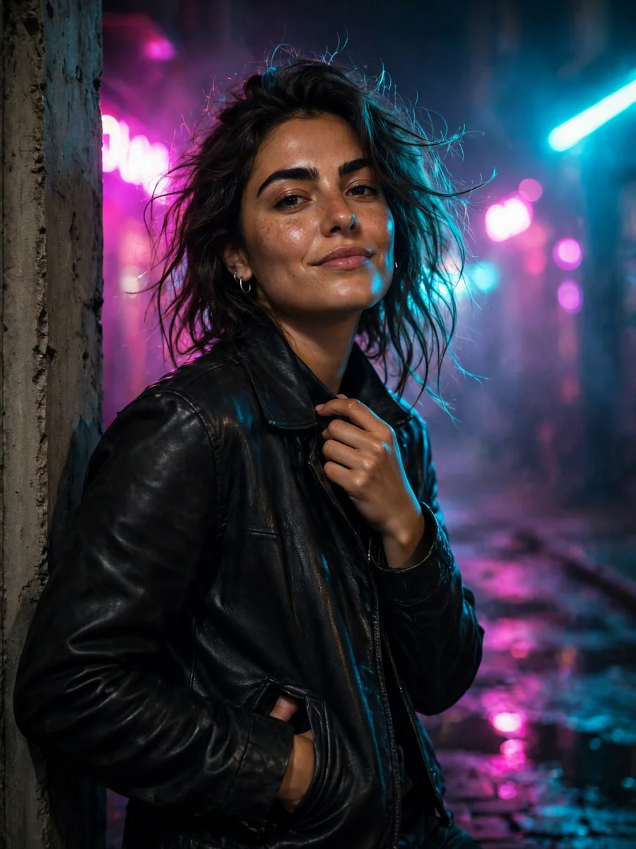 Night Neon Alley (half-body, edgy) — ChatGPT Prompt