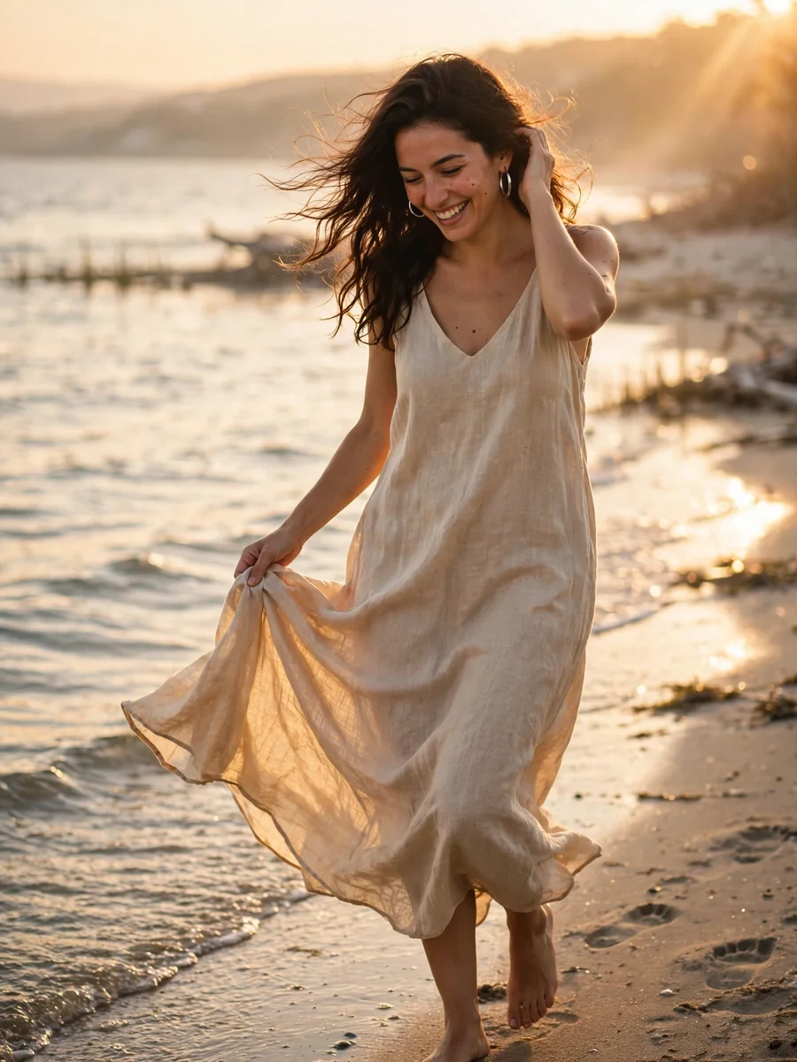 Beach Walk Golden Hour (full-body, travel) — ChatGPT Prompt