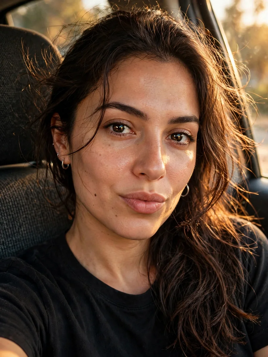 Passenger Seat Car Selfie (golden hour, candid) — ChatGPT Prompt